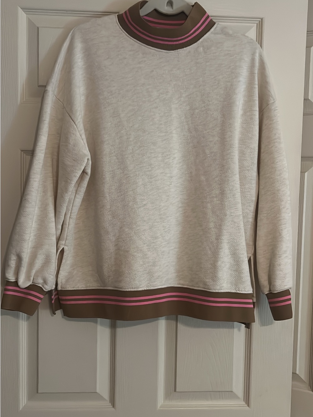 BUCKETLIST Cream Sweatshirt with Pink & Brown Stripe Trim